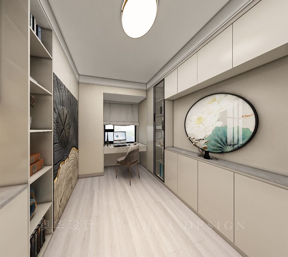 拆除飄窗做定制書(shū)桌，并設(shè)置了翻板床，既具備了工作學(xué)習(xí)空間，也為客人提供了客房。